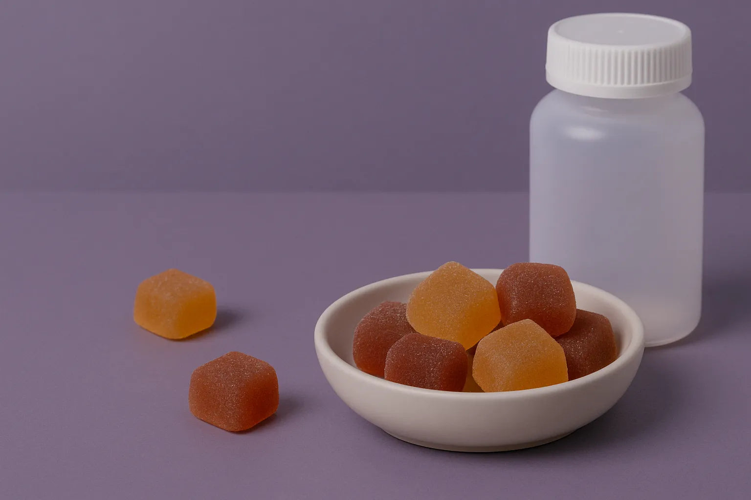 CBD és CBN melatonin gumicukorkák egy tálban, üveggel lila háttéren