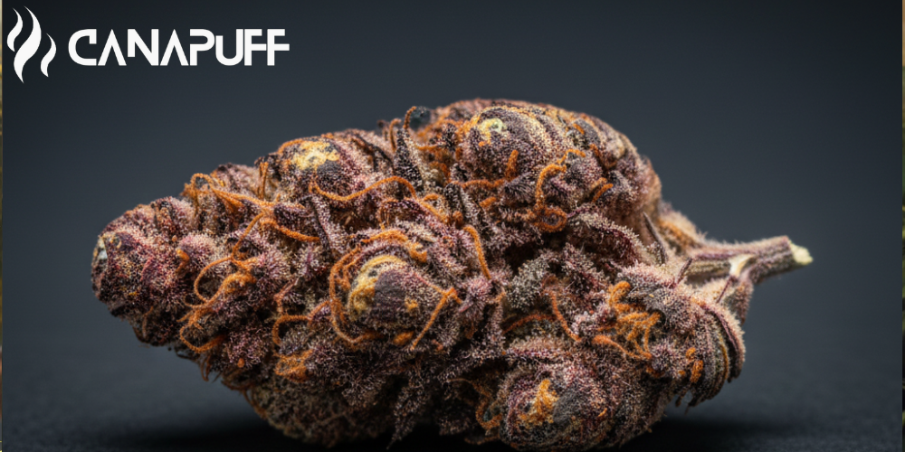 Canapuff Red Dragon cannabis strain flower with dense trichome coverage on dark background