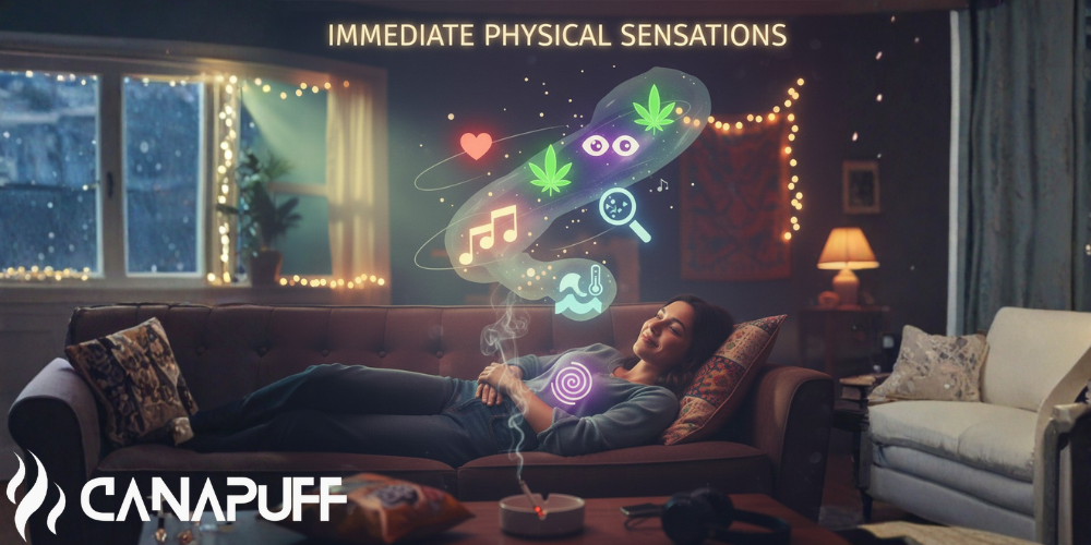Illustration of person on couch with animated icons showing cannabis effects and sensations, including heart, music notes