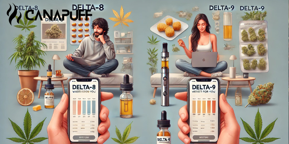 Illustration comparing Delta-8 and Delta-9 cannabinoid products with lifestyle scenes, gummies, flowers, and vape options