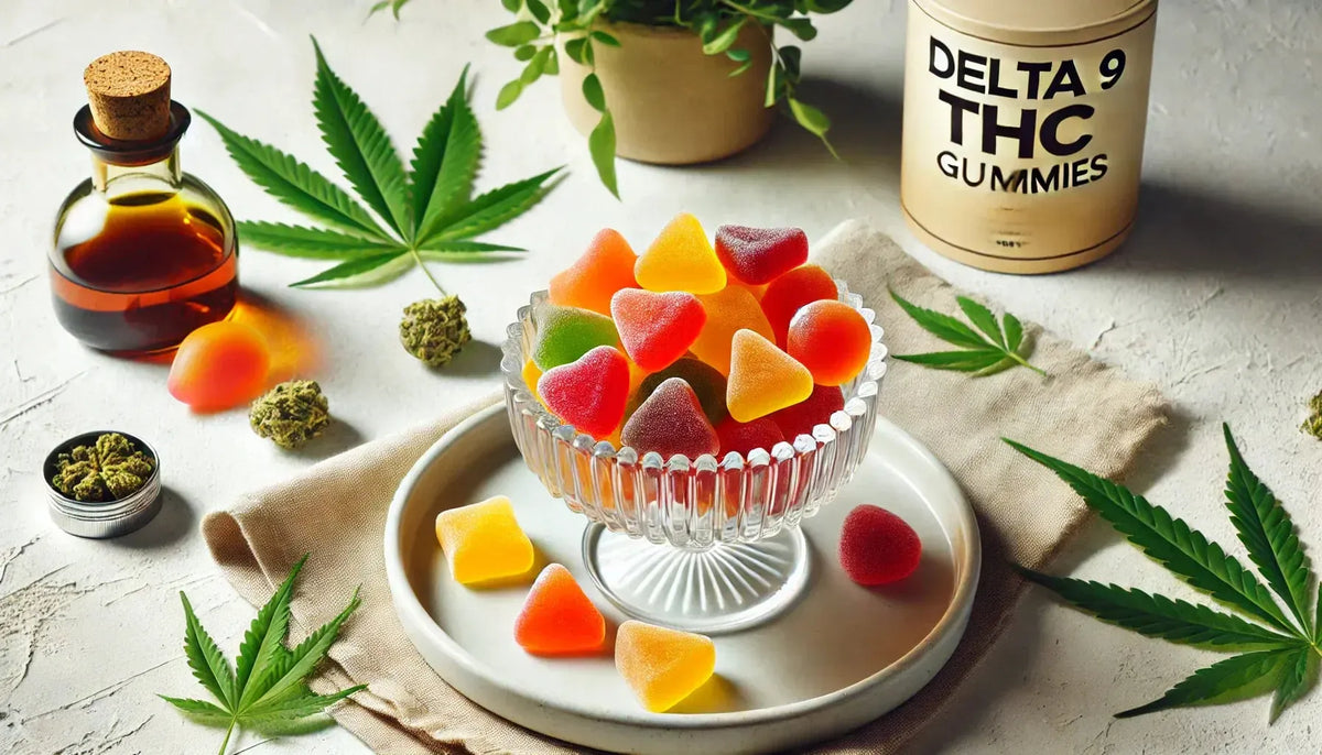 Egy üvegtál, tele színes Delta 9 THC gumicukorkákkal mangó, narancs és cseresznye árnyalatokban, tiszta fehér háttéren, finom cannabis levél díszítéssel a friss és hívogató megjelenésért.