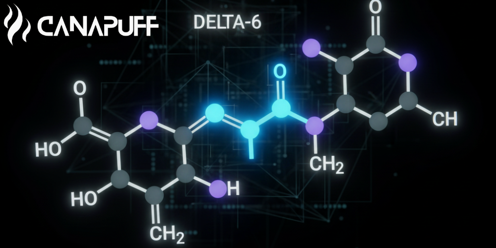 Canapuff logo with Delta-6 molecular structure illustration on tech background