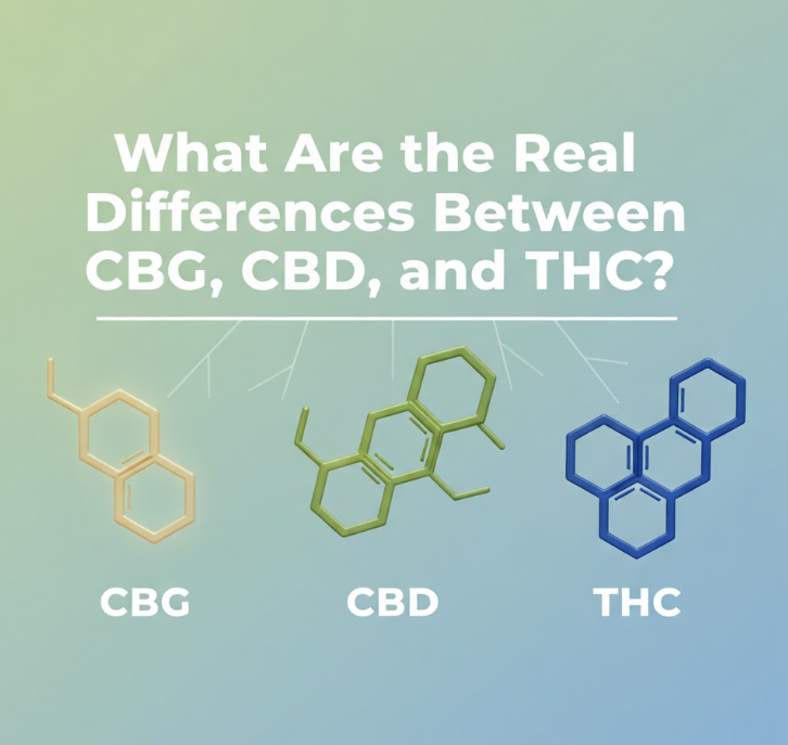 Illustration of CBG, CBD, and THC molecular structures on gradient background
