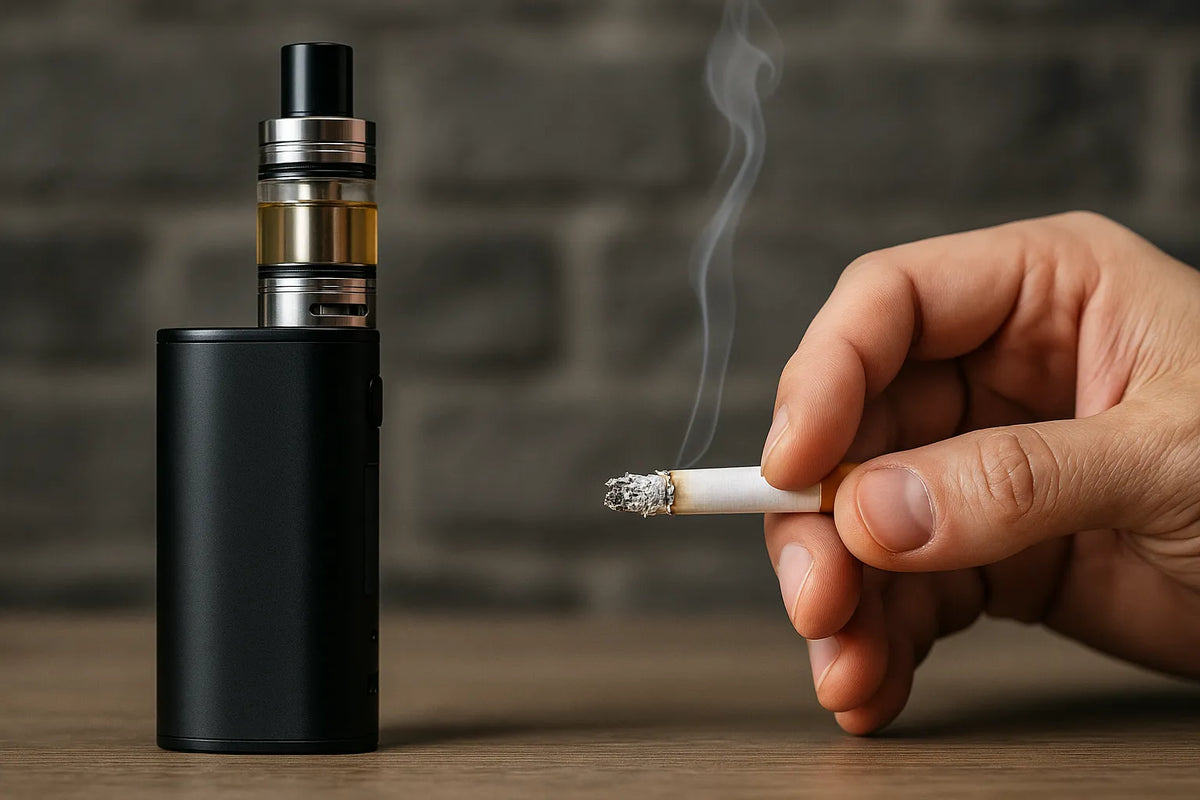 Egymás melletti kép egy vape készülékről és egy kézről, amely egy égő cigarettát tart egy fából készült asztalon.