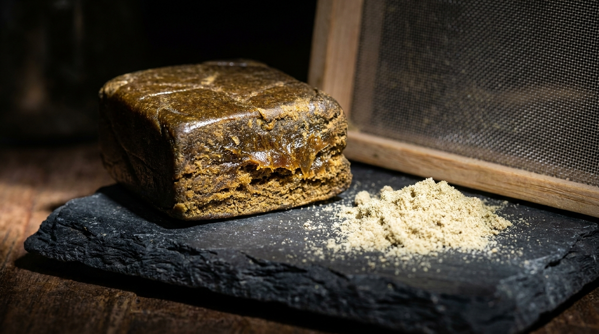Block of pressed hashish beside loose pale kief and a fine sifting screen on a dark slate surface