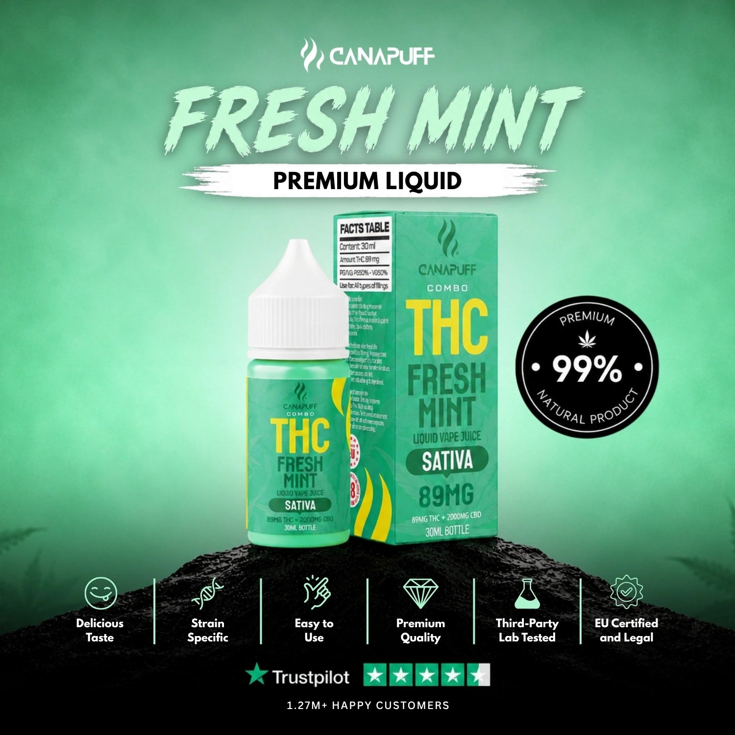THC Liquid 89 mg 2000 mg CBD Fresh Mint 30 ml