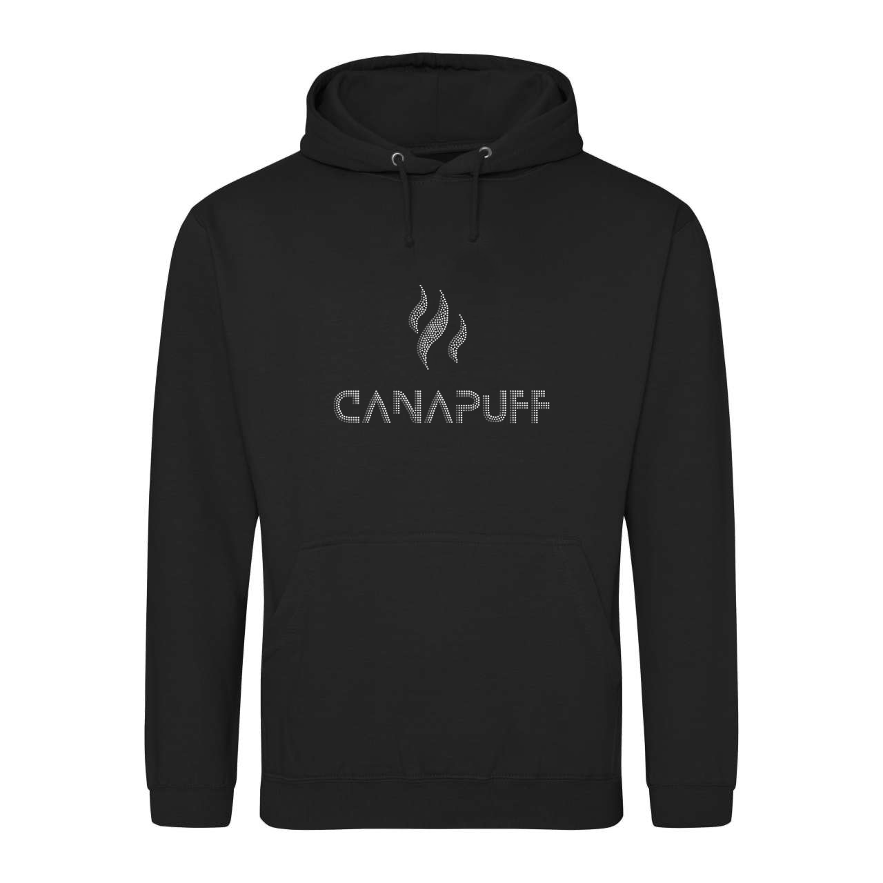 Fekete kapucnis pulóver, középen a mellrészen szürke "canapuff" felirattal