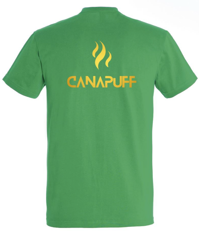 Zöld Canapuff T-Shirt, rajta egy nagy arany "canapuff" felirattal