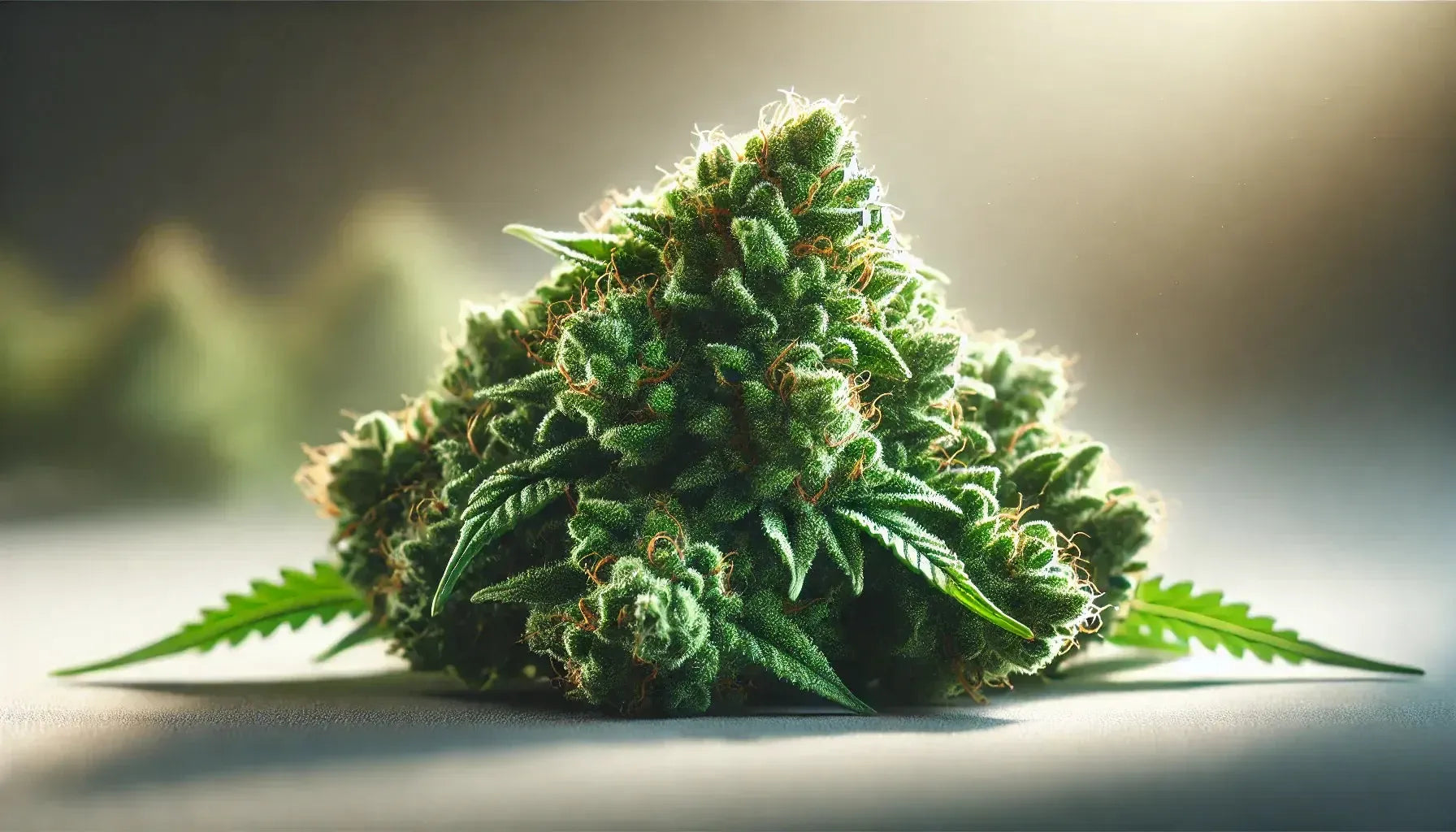 Fotorealisztikus kép friss Cannabis virágzatról természetes fényben, lágy háttérelmosódással.