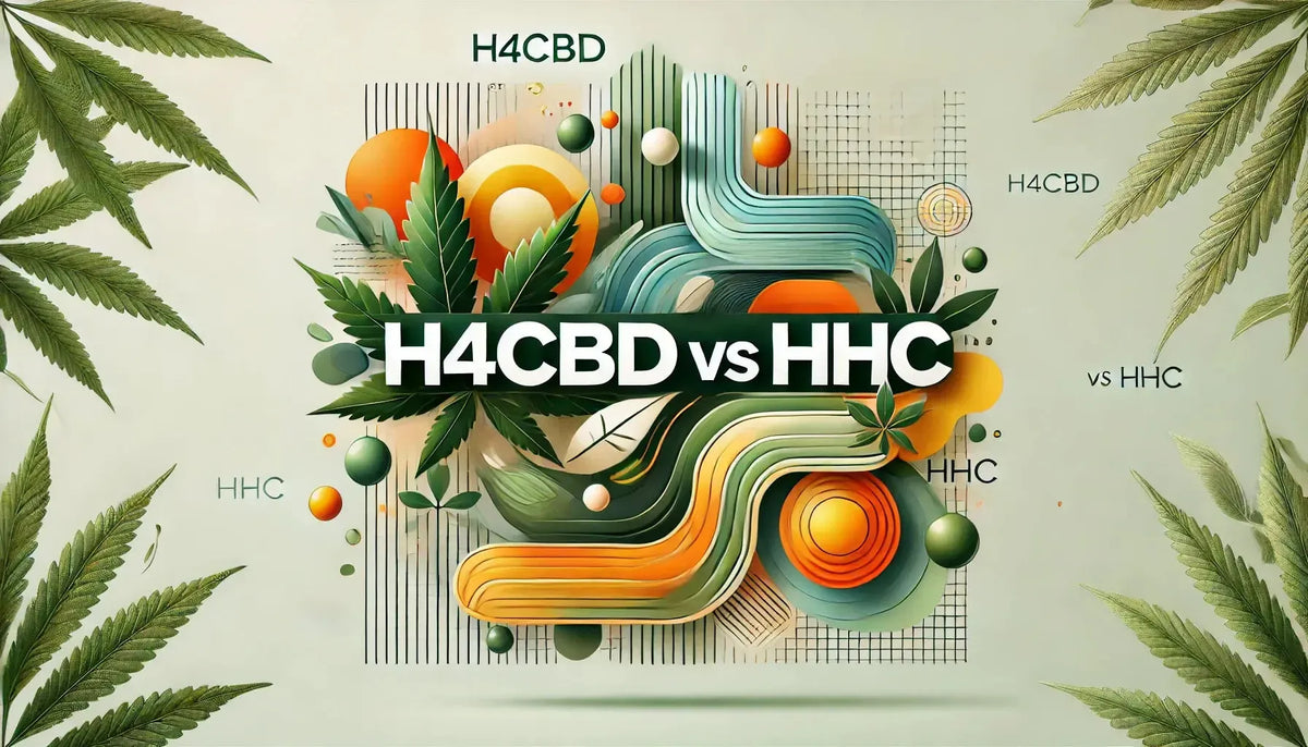 Blog fejléc kép „H4CBD vs HHC” címmel, absztrakt vizuális elemekkel: zöld árnyalatok H4CBD-hez, dinamikus narancs-sárga tónusok HHC-hez, hangsúlyozva a kontrasztot.