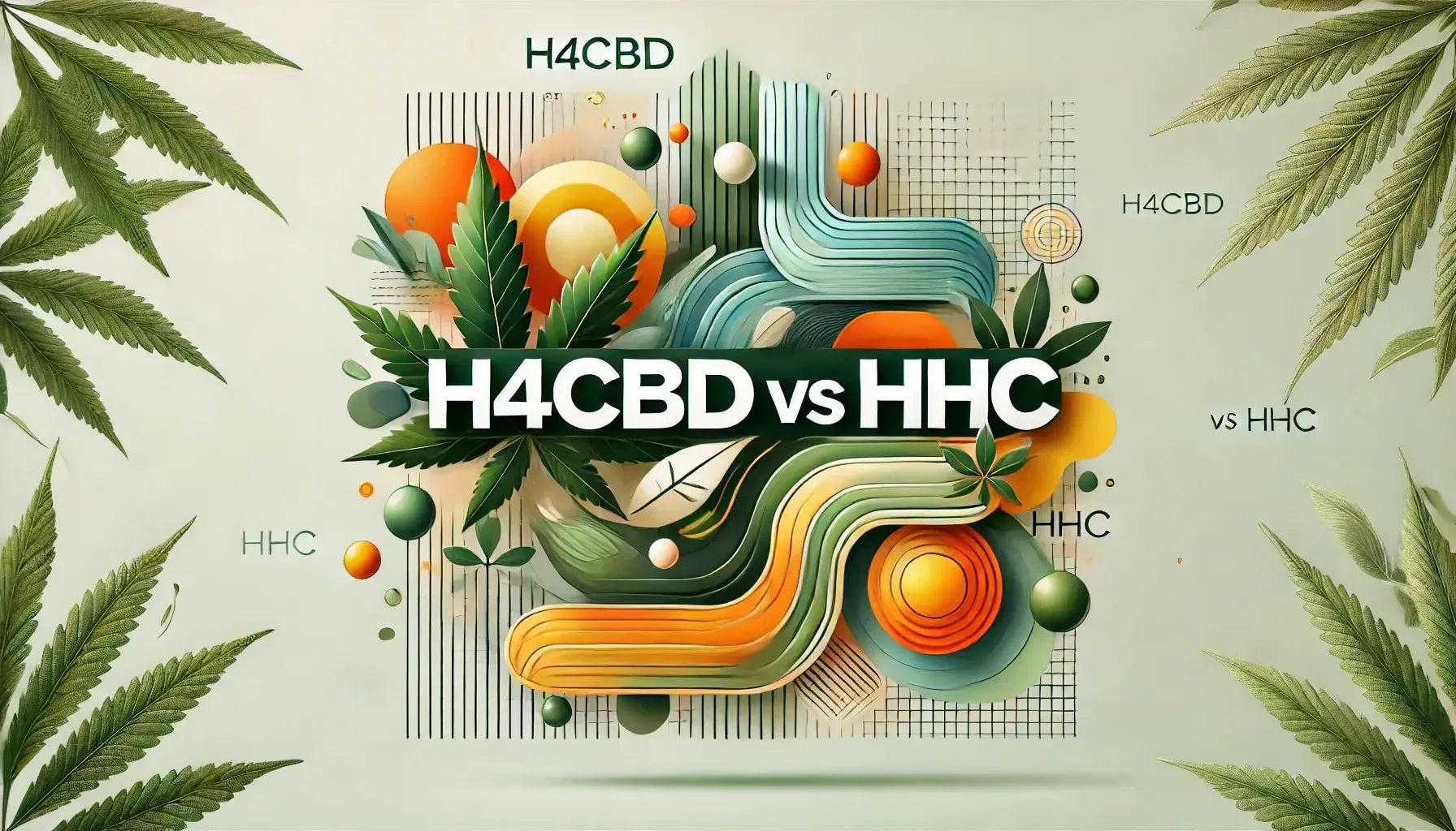 Blog fejléc kép „H4CBD vs HHC” címmel, absztrakt vizuális elemekkel: zöld árnyalatok H4CBD-hez, dinamikus narancs-sárga tónusok HHC-hez, hangsúlyozva a kontrasztot.