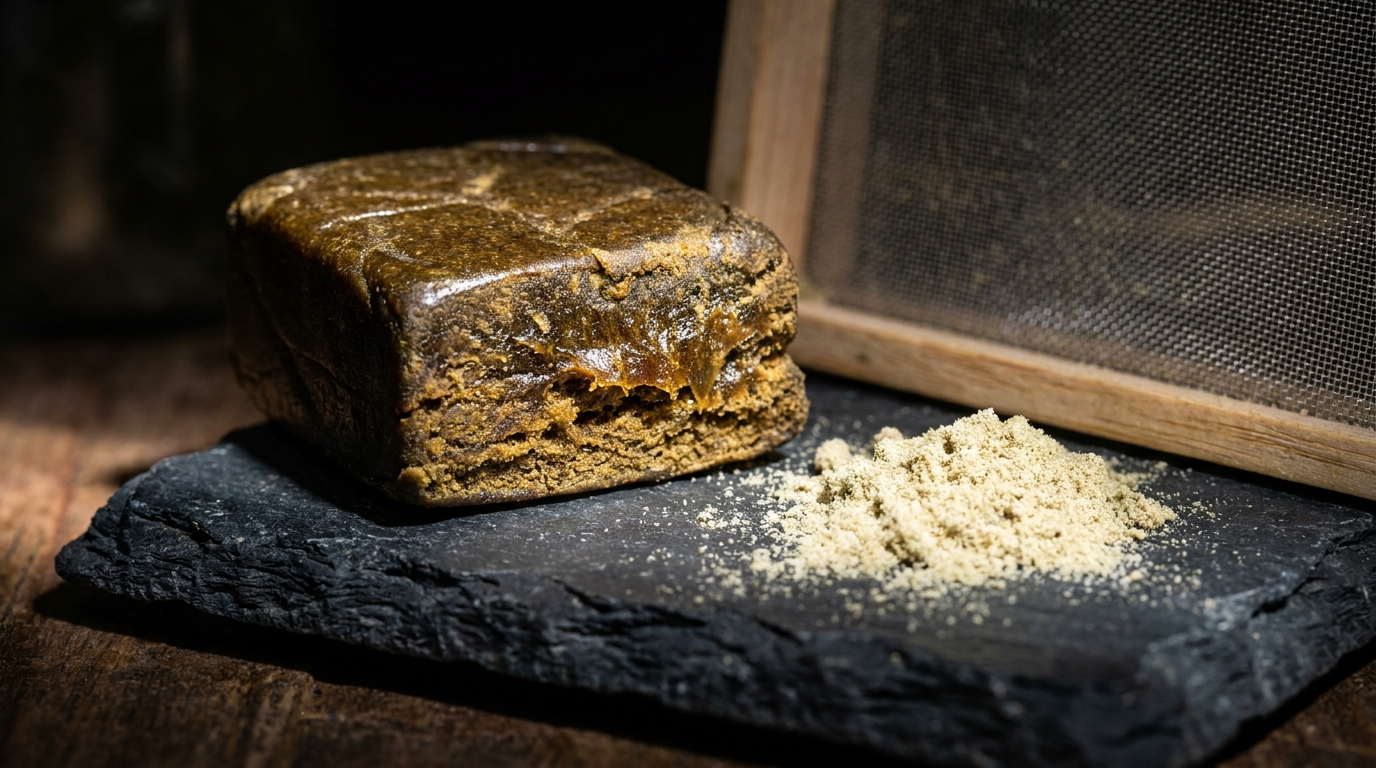 Block of pressed hashish beside loose pale kief and a fine sifting screen on a dark slate surface