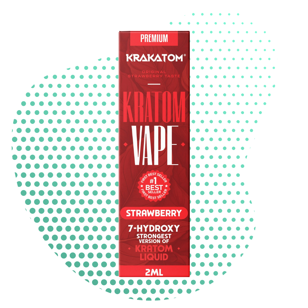 Kék Kratom vape csomagolás eper ízű felirattal.