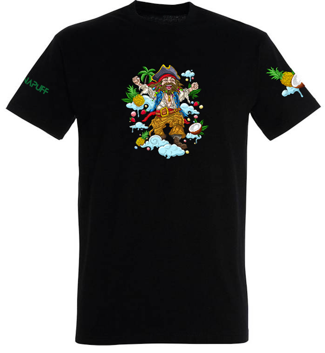 Canapuff fekete T-shirt, amin egy vidám, kalóz kinézetű figura és trópusi motívumok vannak